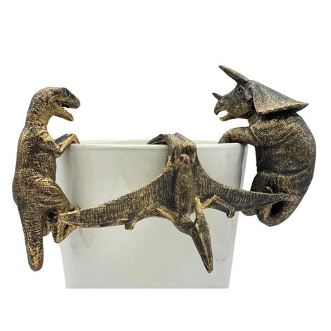 Antique Bronze coloured Dinosaur Set | Velociraptor Triceratops Pteranodon Pot Buddies - Pot Hanger